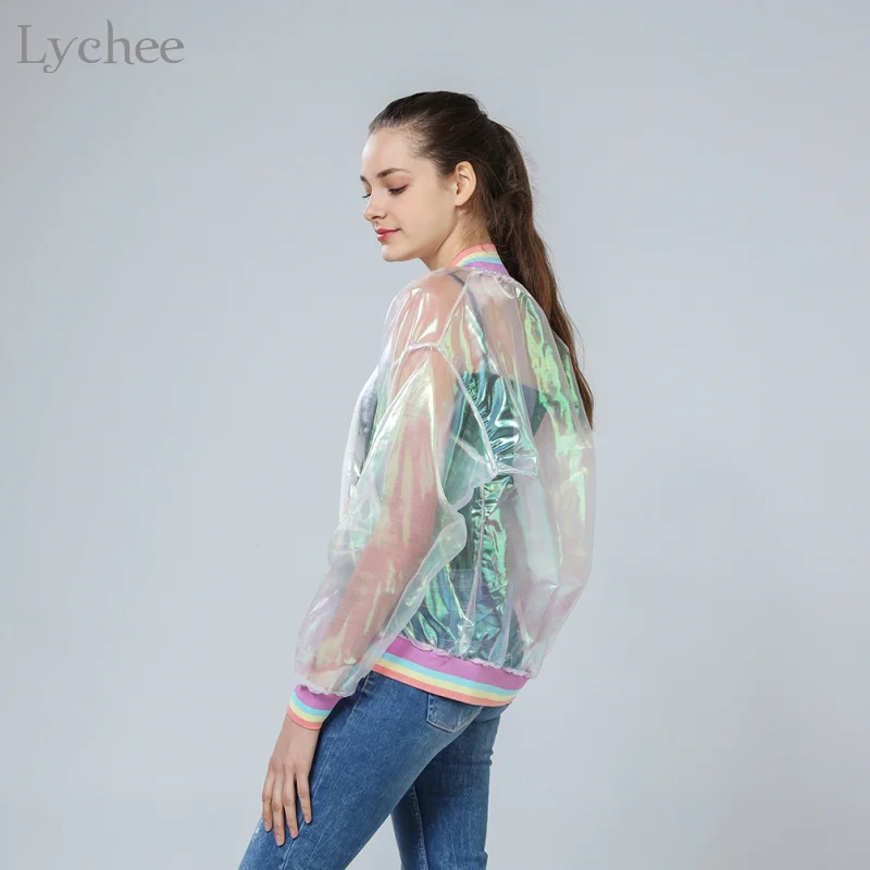 low cost  Lychee Harajuku Summer Women Jacket Laser Rainbow Symphony Hologram Women Coat Iridescent Transpare
