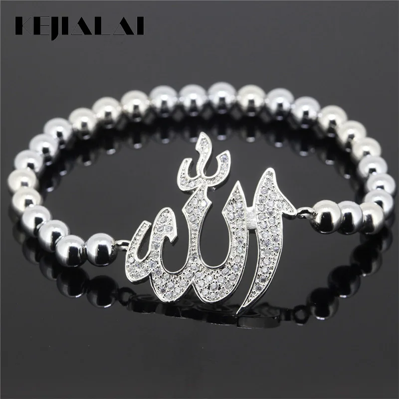 

KEJIALAI Gold Silver Color Charm Bracelets 4mm Beads Allah Muslim Bracelet for Men CZ Bracelet Femme Stretch Elastic Bead M-L479