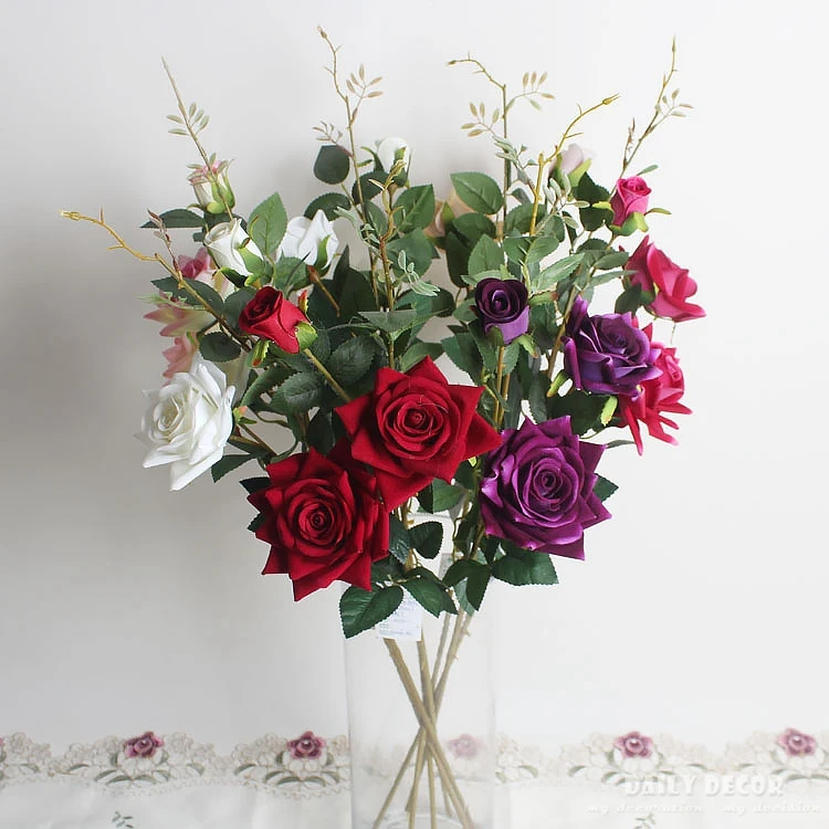 wholesale 90cm high simulation 3 heads long stem Velvet Rose artificial flowers high quality fake rose wedding flower 12pcs wholesale 90cm high simulation 3 heads long stem Velvet Rose artificial flowers high quality fake rose wedding flower 12pcs
