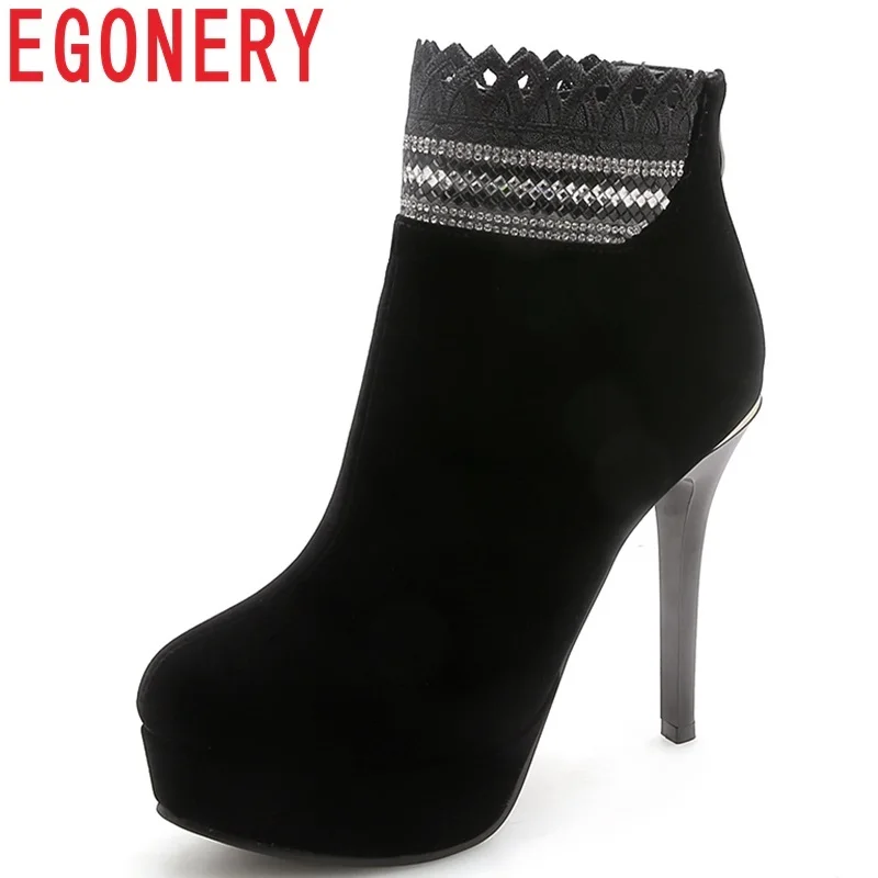 

EGONERY winter new fashion crystal flock shoes women outside warm ankle boots 12 cm thin heels platform round toe zip sexy boots