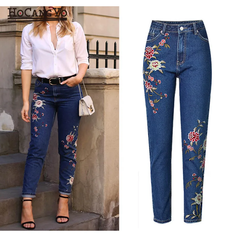 HCYO Women High Waist Jeans Embroidery Slim Ripped Jeans for Women Denim Pants Dark Blue Women's Pants Jeans Casual Skinny Jean Jeans