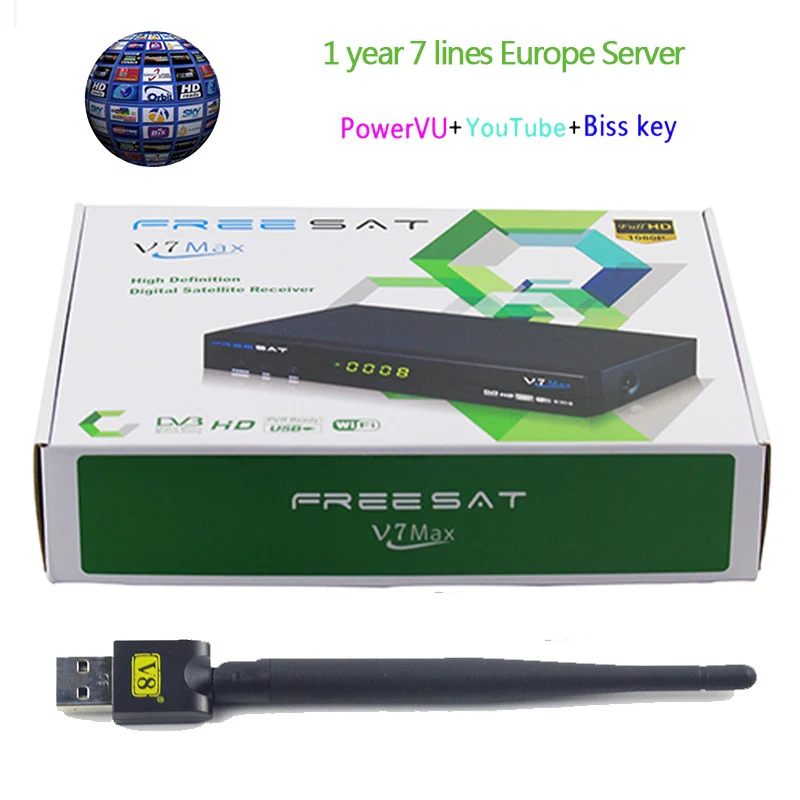 

Freesat V7 Max DVB-S2 Satellite TV Receiver with 1 Year Europe 7 lines and 1pc USB WIFI Receiver for TV Box Newcam YouTube