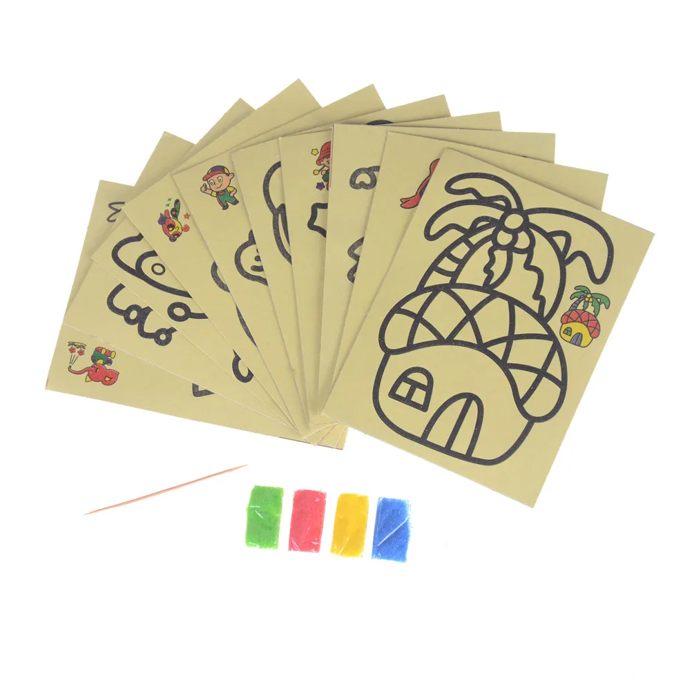 10pcs Kids DIY Color Sand Painting Art Creative Drawing Toys Sand Paper Craft PT