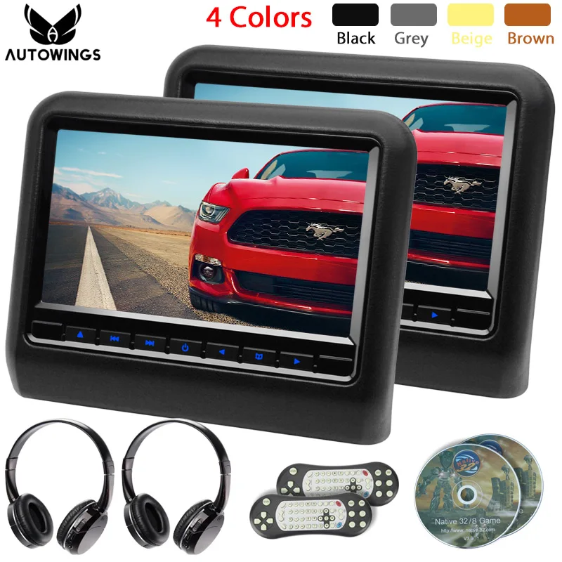 2x9 дюймов кожаный подголовник автомобиля dvd плеер видео монитор с двумя ИК