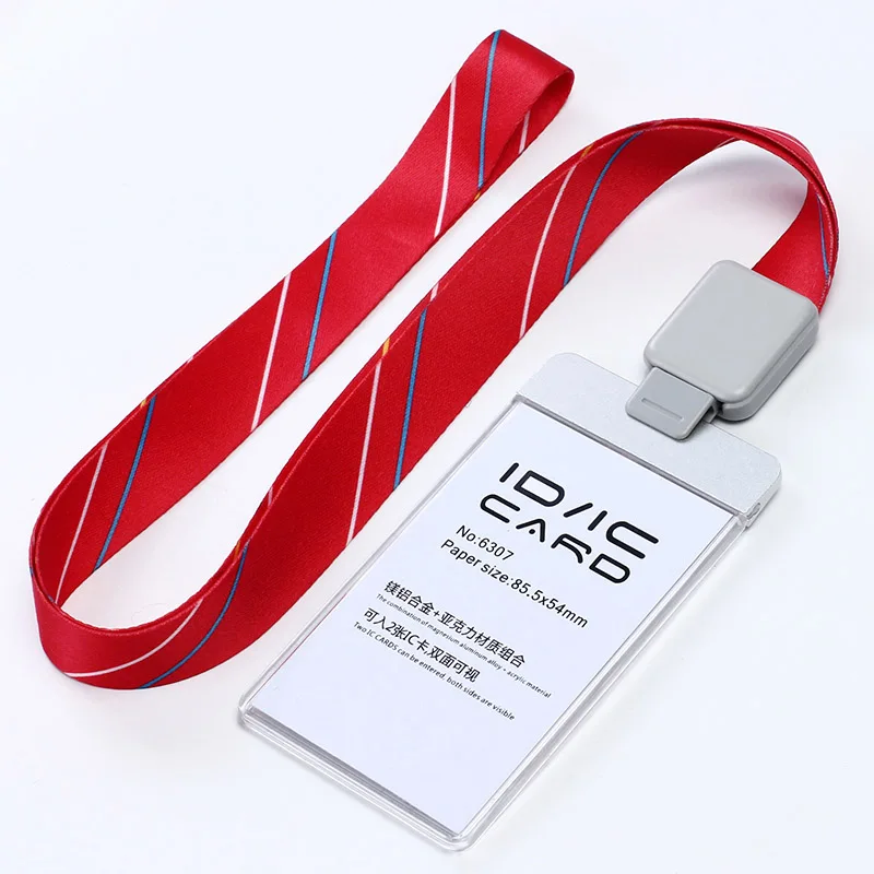 Acrylic Clear Access Card ID IC Card Badge Holder Work Card with Polyester Lanyard,Factory Price, LOGO Custom Lanyard - Цвет: V stripe red