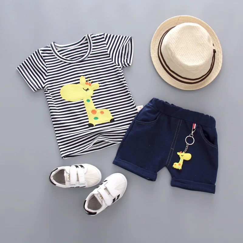 Модный брендовый комплект летней одежды из хлопка для маленьких мальчиков, комплект детской одежды из 2 предметов Bebe, детский комплект одежды с короткими рукавами для малышей B - Цвет: XiuXiuLu-Heitiao