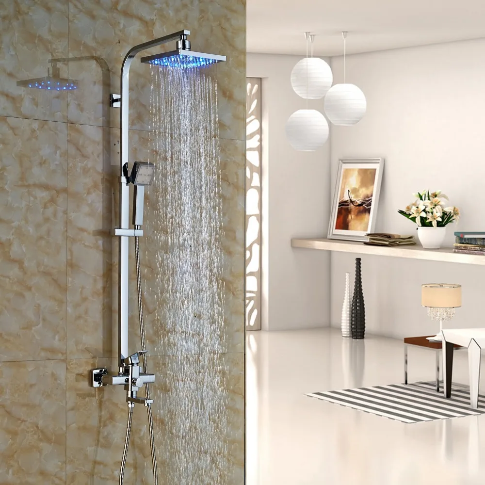 

Newly Chrome 8" LED Shower Head With LED Hand Shower Wall Mounted Shower Faucet