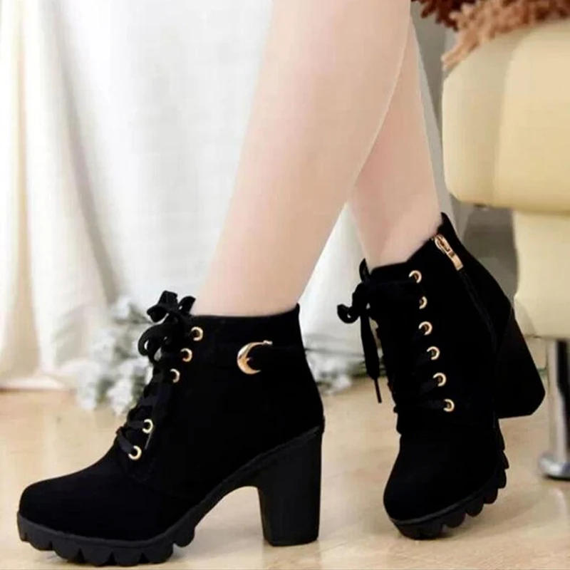 

2019 Spring Summer Women Boots High Quality Solid Lace-up European Ladies Shoes PU Fashion High Heels Boots H-002