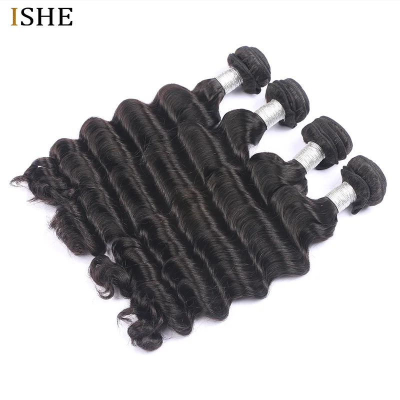 ISHE Hair Loose Deep Bundles Brazilian Hair Weave Bundles 100% Human Hair Bundles Natural Color 10-28 inch Remy Hair Weave 4 PCS