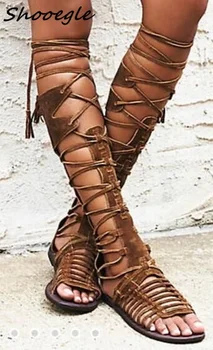 

SHOOEGLE Women Bohemia Flat Glatiator Sandals Strappy Booties Vintage Shoes Lace Up Boots Summer Mujer Casual Boots Romen