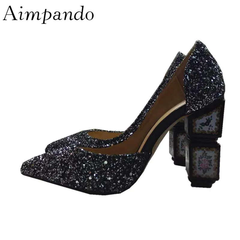 Lado Boda Color Alto Recortes Los Impreso Dedos Zapatos Lentejuelas Punto Glitter Plata Bombas De Black Retro Pies silver Mujer Mujeres Nupcial Bling Tacón wq60nTX