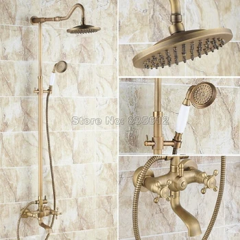 

Antique Brass Dual Handles Bathtub Mixer Tap & Wall Mounted Bathroom Rain Shower Faucet Set with Handheld Shower Head Wrs106