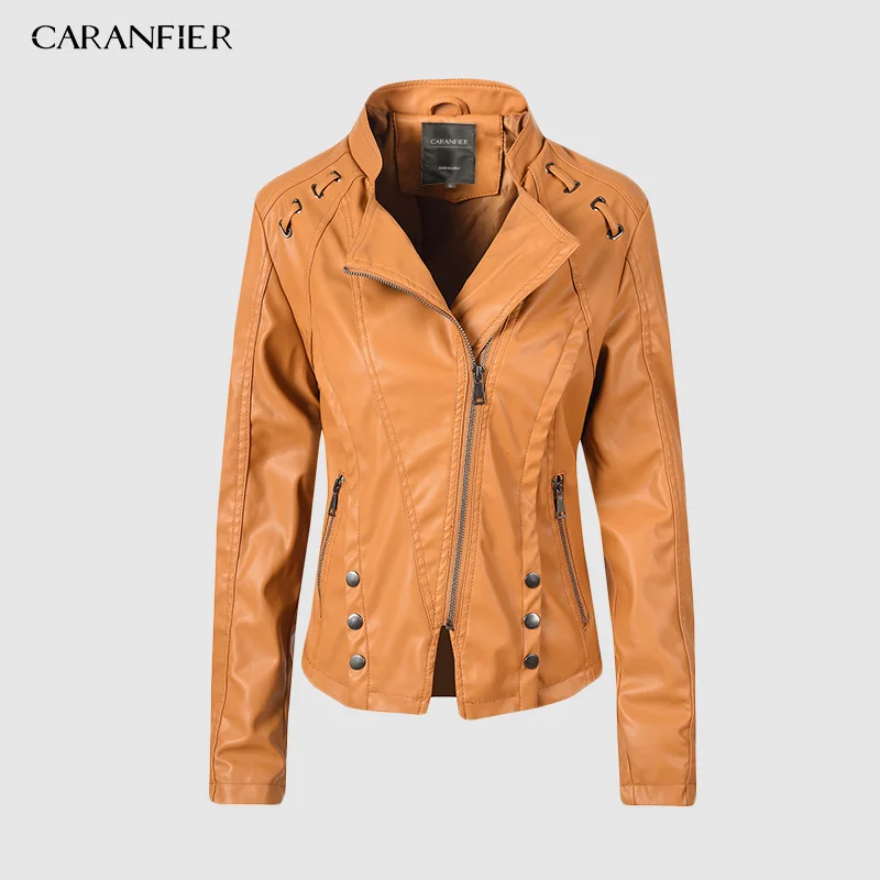 

CARANFIER Faux Leather Jacket Women Spring Zipper Ladies Suede Motorcycle Punk Biker Jackets Street Long Sleeve Biker Jacket