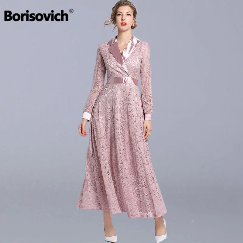 

Borisovich Ladies Evening Party Dress New 2019 Spring Fashion V-neck Big Swing A-line Elegant Women Long Lace Dresses N773