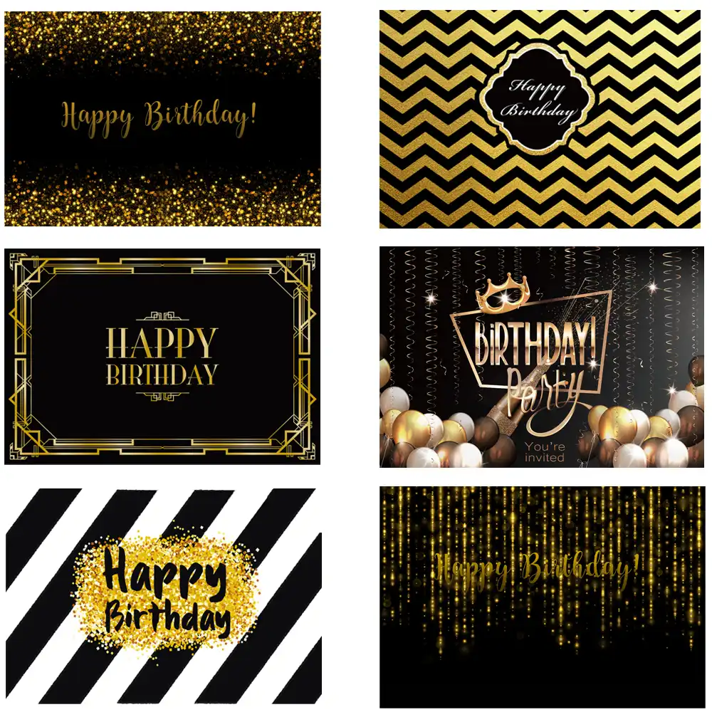 Photography Backdrop Happy Birthday Background Black Golden 16th