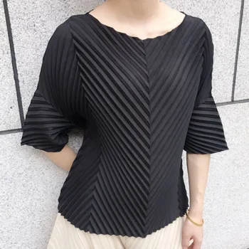 

LANMREM 2020 Summer New Casual Fashion Temperament Women Loose Plus Oblique Fold Round Neck Solid Color shirt TC428