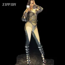 Модный, сексуальный, черный, телесный комбинезон, Женские легинсы со стразами, Цельный боди, костюм для ночного клуба, вечерние, сценическая одежда