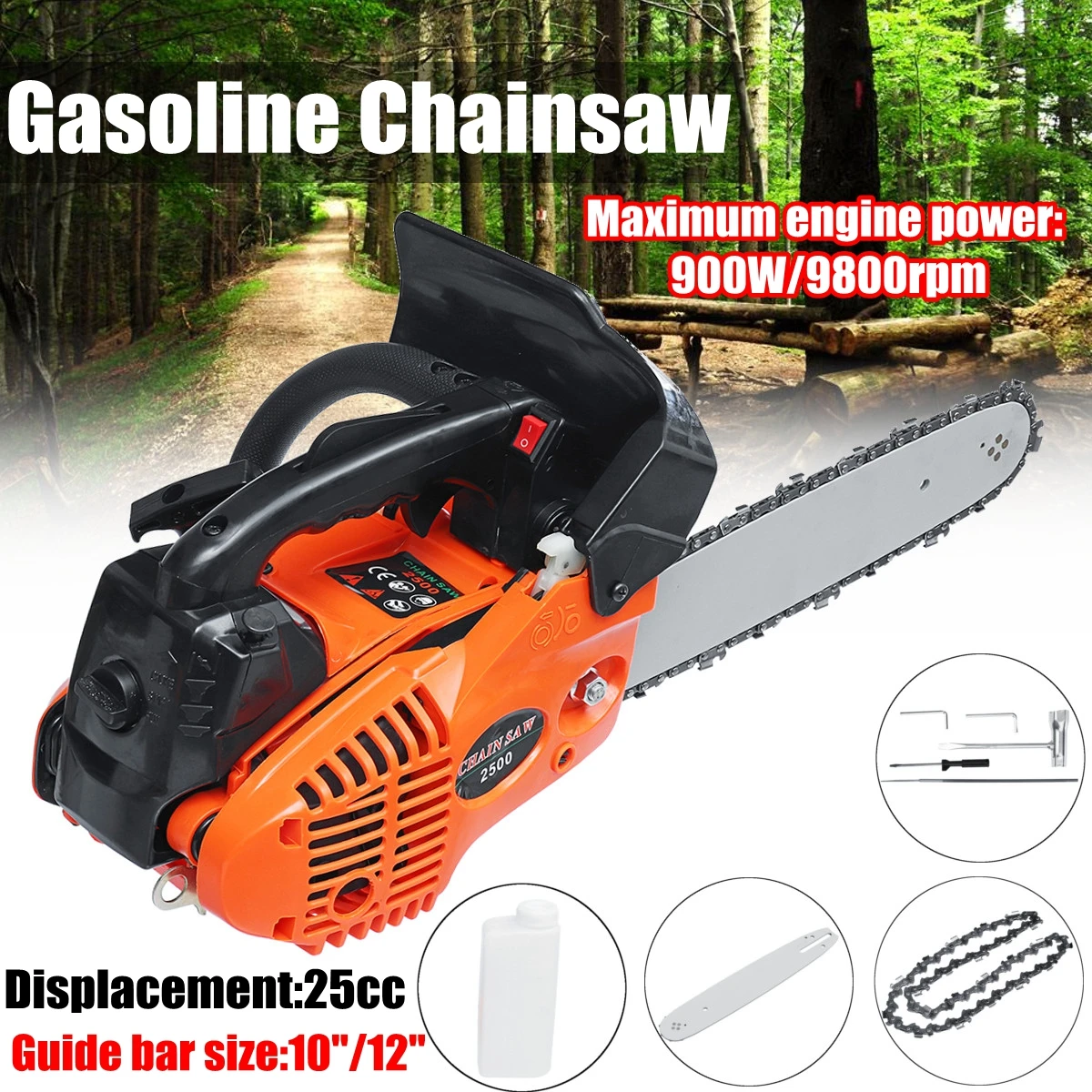 

900W 12" Gasoline Chainsaw Machine Cutting Wood 25CC 9800rmp Gas ChainSaw