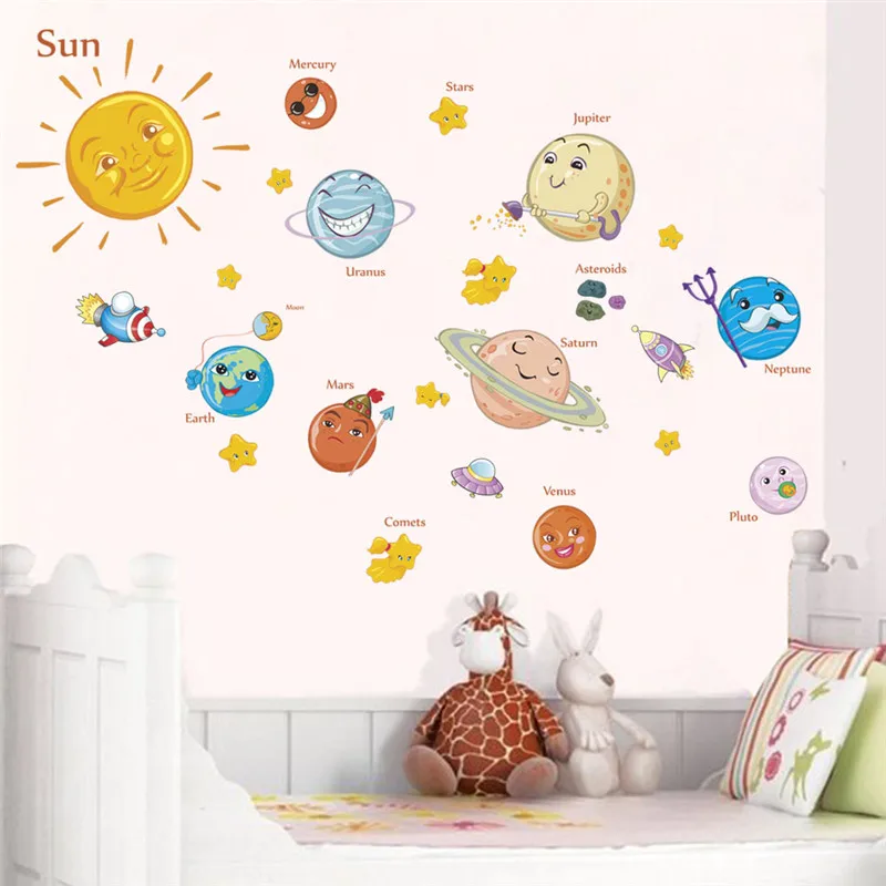 Солнечная система, Наклейки на стены, Наклейки для детской комнаты, звезды, космическое пространство, планеты, земля, солнце, Сатурн, Марс, плакат, фреска, школьный Декор