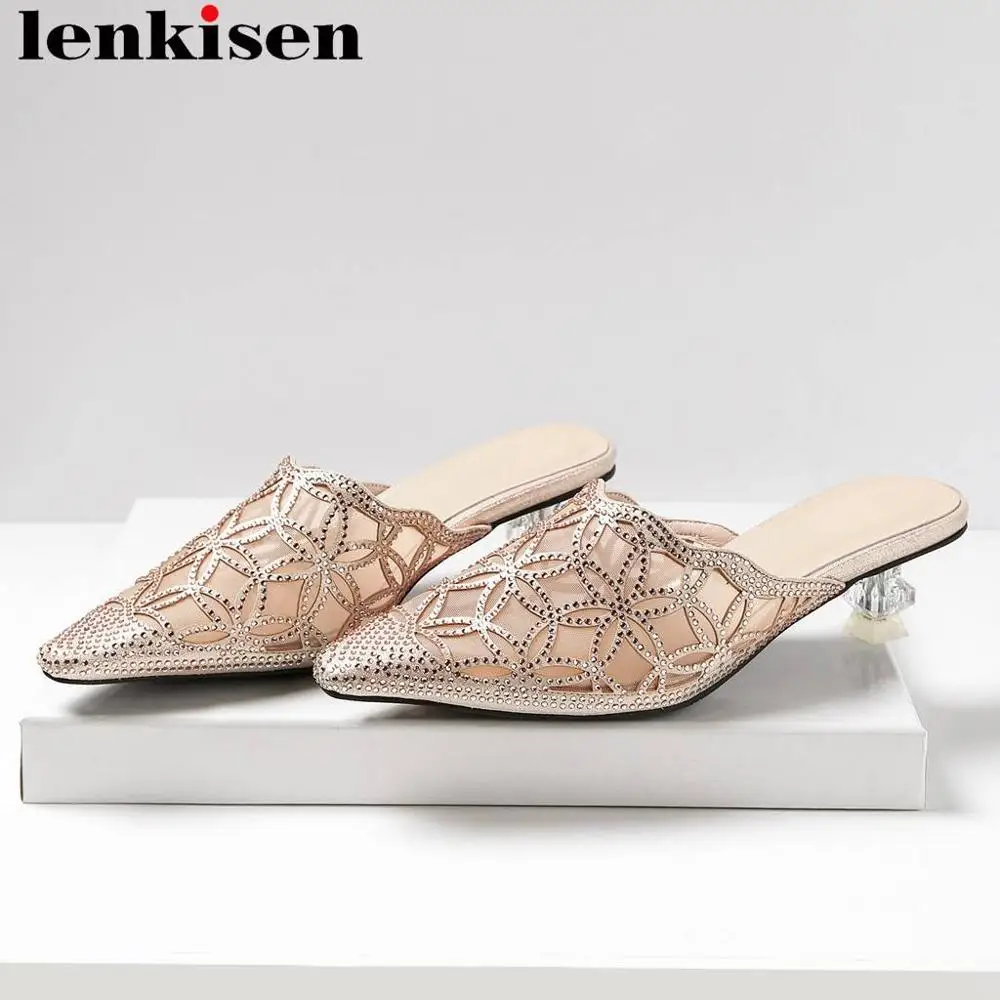 

Lenkisen office lady crystals studded med heels square toe mules slip on plus size breathable mesh streetwear women pumps L9f3