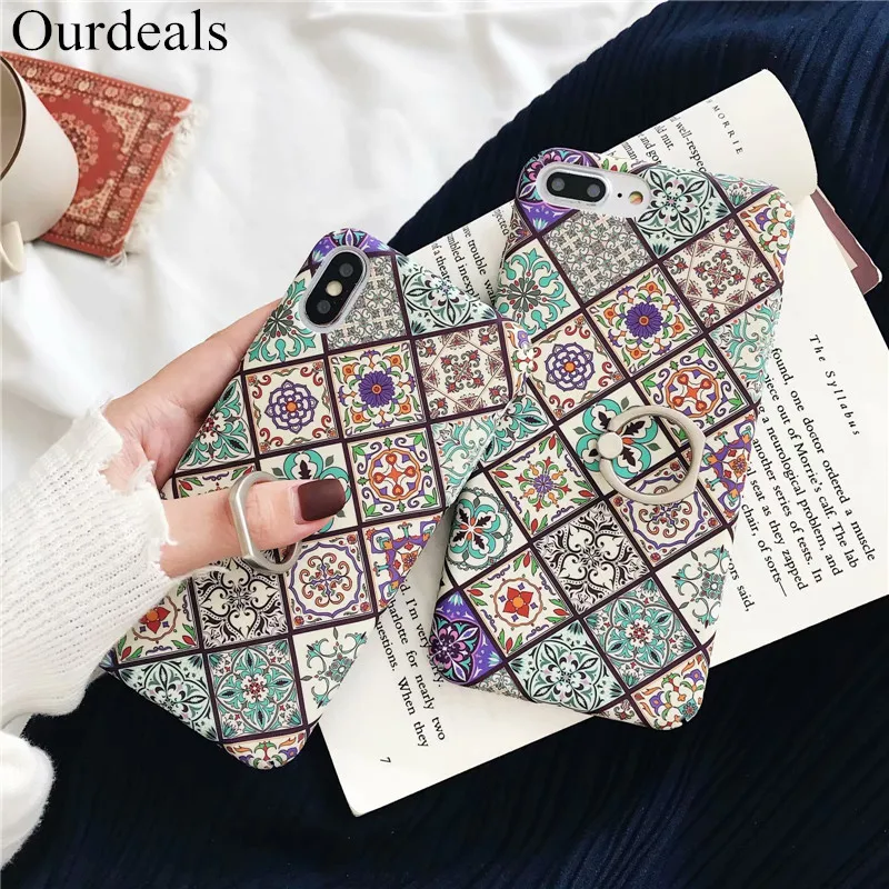 

Ourdeals Ring Bracket PC Hard Shell Phone Case For iphone 8 7 6 6s plus XS MAX XR X Fashion Water Stickers All Inclusive Cover