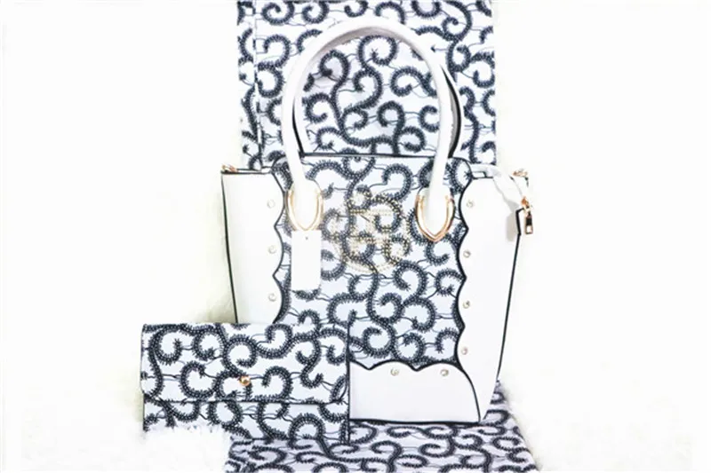 

Newest nigeria white java wax prints fabric 6yards/pcs with quality woman handbag purse 3pcs/sets for party wedding GL95-13
