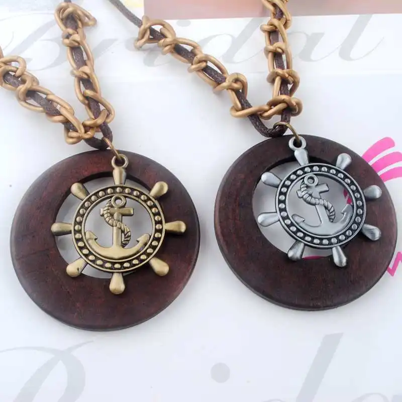 Antique Vintage Long Rope Chain Necklace font b Wooden b font Alloy Rudder font b Pendants