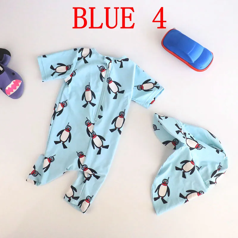 Одежда для купания для маленьких девочек; цельнокроеный купальный костюм с принтом пингвина+ шапочка с защитой от УФ-лучей; детский купальный костюм; пляжная одежда - Цвет: BLUE 4
