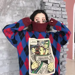 2019 Зимняя мода вязаный женский свитер аниме узор водолазка с длинным рукавом Пуловеры для женщин Свободные