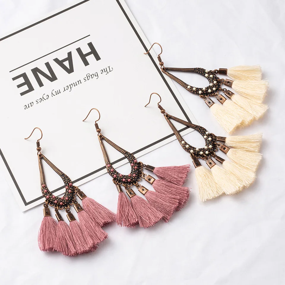 

Tassel Earrings for Women Bohemia Boho Vintage Water Drop Earring Female Fashion Jewelry Cute Crystal Cotton Fringe Earrings