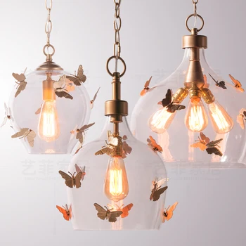 

american retro iron glass ball butterfly pendant light balcony corridor bedroom restaurant children's room girls lamp