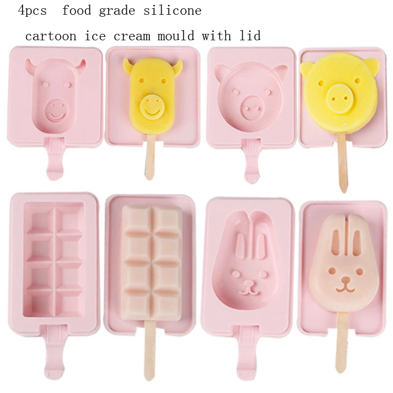 4 шт. форма для мороженого кролика - Цвет: 4pcs pink with lid