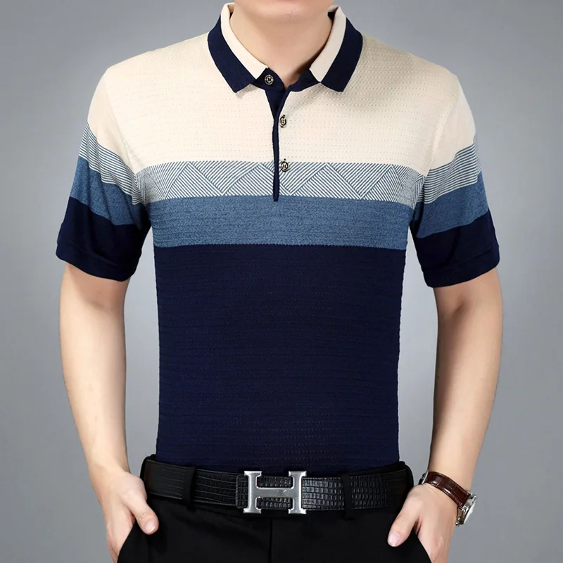 Summer classic middle aged male short sleeve polo lapel striped polos ...