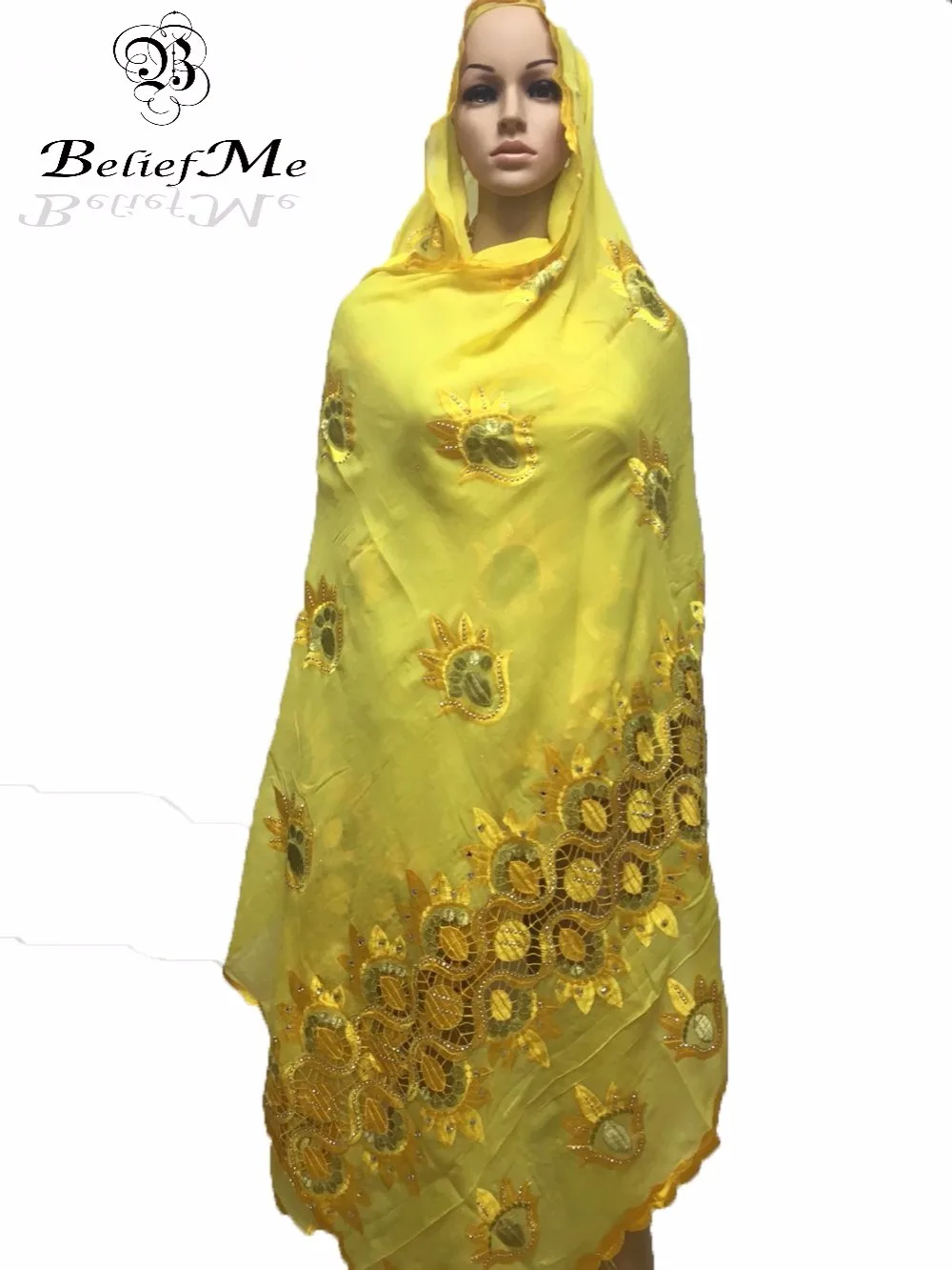 

2019 New Muslim embroidery women African scarf with stones ,Nice design Women Yellow Cotton big women scarf