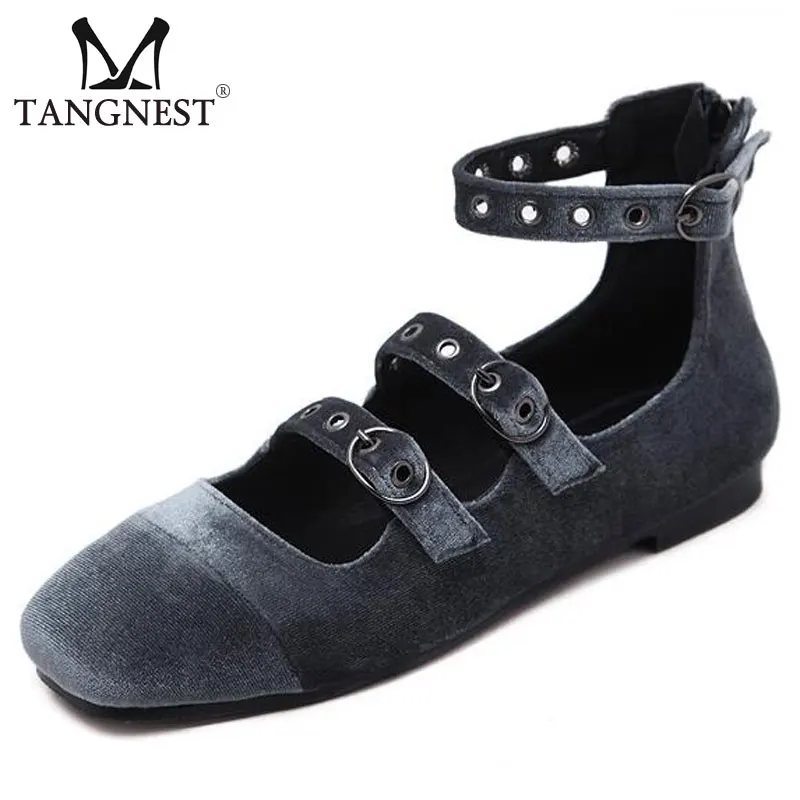 

Tangnest Brand Women Velvet Flats Chic Square Toe Ankle Strap Ballet Flats Women Cut-out Platform Shoes Back Zip Sandals XWD5429