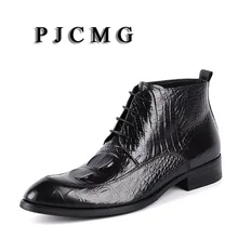 PJCMG британский стиль черный/красный из натуральной кожи на шнуровке мужская Крокодил Платье с рисунком Свадебные мотоциклетные Ботинки с высоким берцем