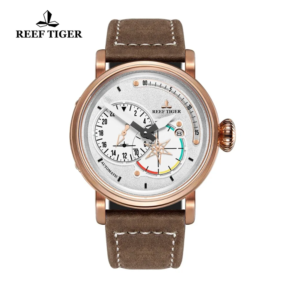 Часы Reef Tiger/RT для мужчин армейские часы с белым циферблатом розовое золото