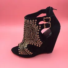 Black Rivets Women Sandal Wedge Heels Open Toe Hollow Out Side Real Images New Sapato Feminino Black High Heel Sandals