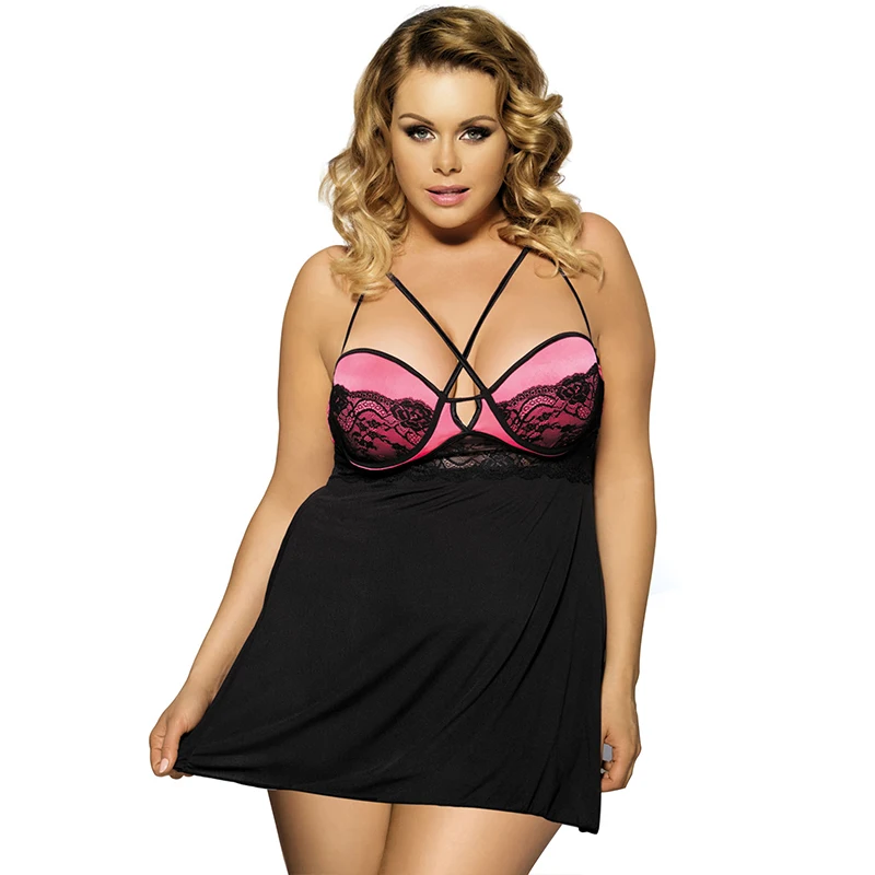 

ohyeah Sexy Babydoll Lingerie Erotic Lady Luxury Satin Lace Plus Size Sleepwear Transparent Hollow-out Chemise Underwear R80056