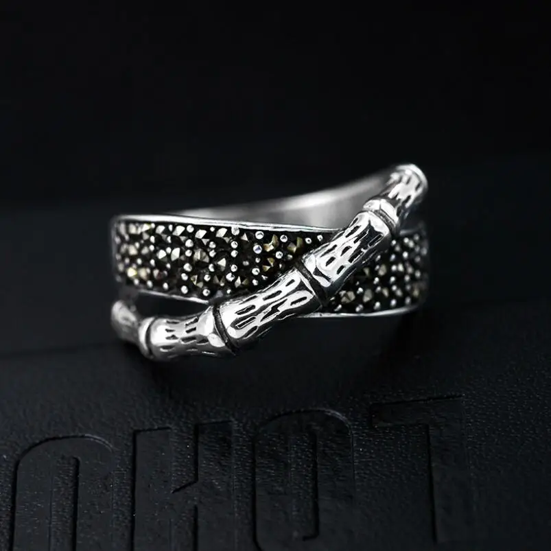 

Pure Silver Sterling 925 Silver Bamboo Marcasite Retro S925 Ring (HY)