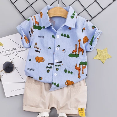 Blue Комплект одежды с животными для мальчиков 1, 2, 3, 4 лет, легкая и тонкая одежда для детей костюм с топом с принтом+ шорты Детская летняя одежда - Цвет: Blue