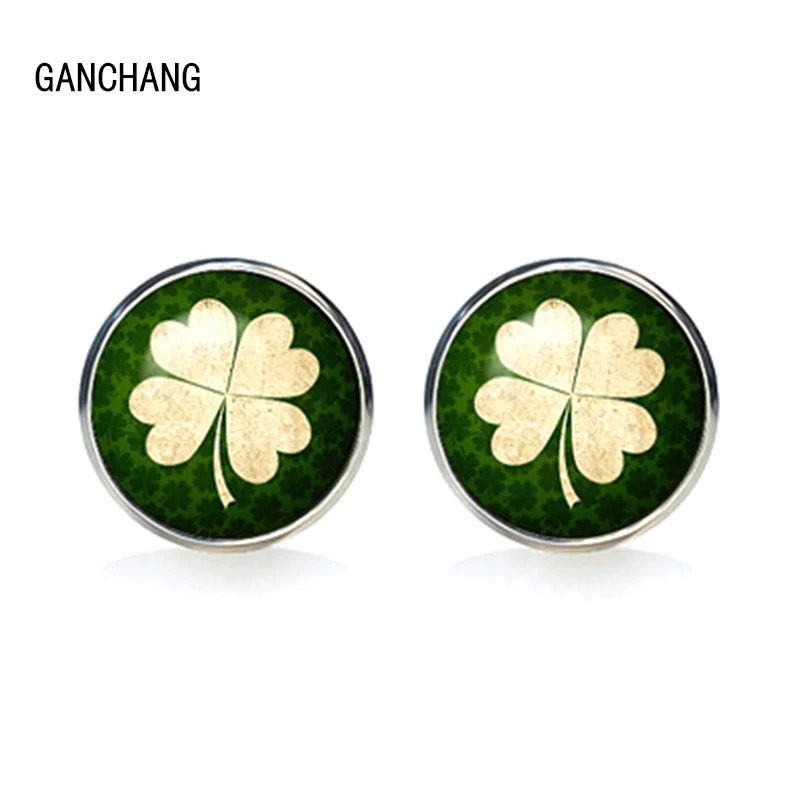 

Irish Luck Mans Groom Wedding Cuff Four Leaf Clover Vintage Sleeve Button Shirt Cufflinks Brand Silver Glass Dome Gift