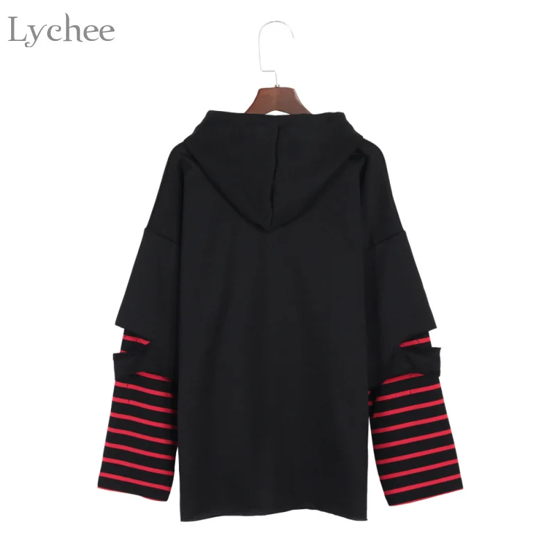  Lychee Harajuku Punk Hooded Sweatshirt Stripe Patchwork Hole Long Sleeve Hoodies Casual Loose Stree