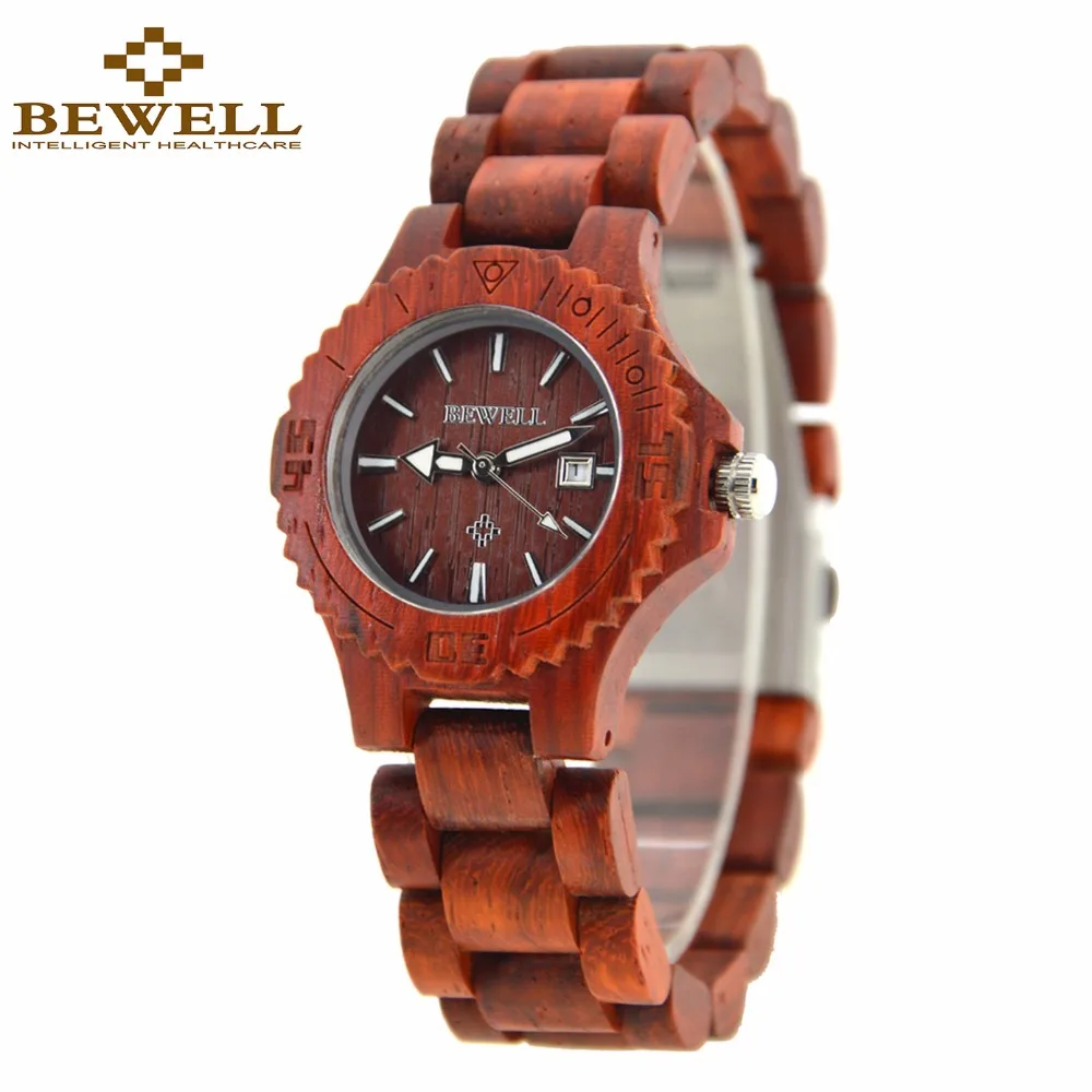 

BEWELL Wooden Watch for Lady with Luminous Hands Fashion Style Japan Quartz Movement Women's Wood wrist Watch with Calendar 020A