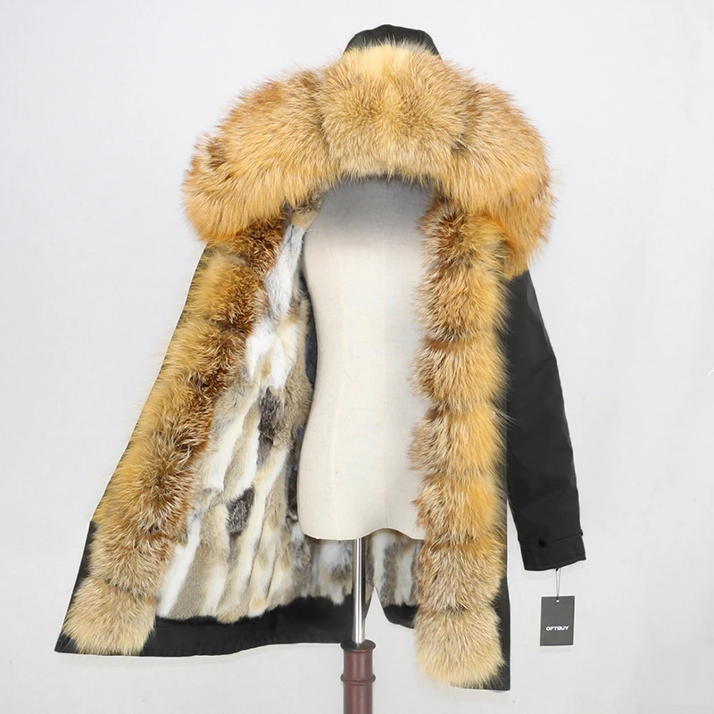 OFTBUY, пальто из натурального меха, зимняя куртка, Женская водонепроницаемая длинная парка, натуральный Лисий мех, воротник, капюшон, мех кролика, подкладка, верхняя одежда, съемная - Цвет: black gold