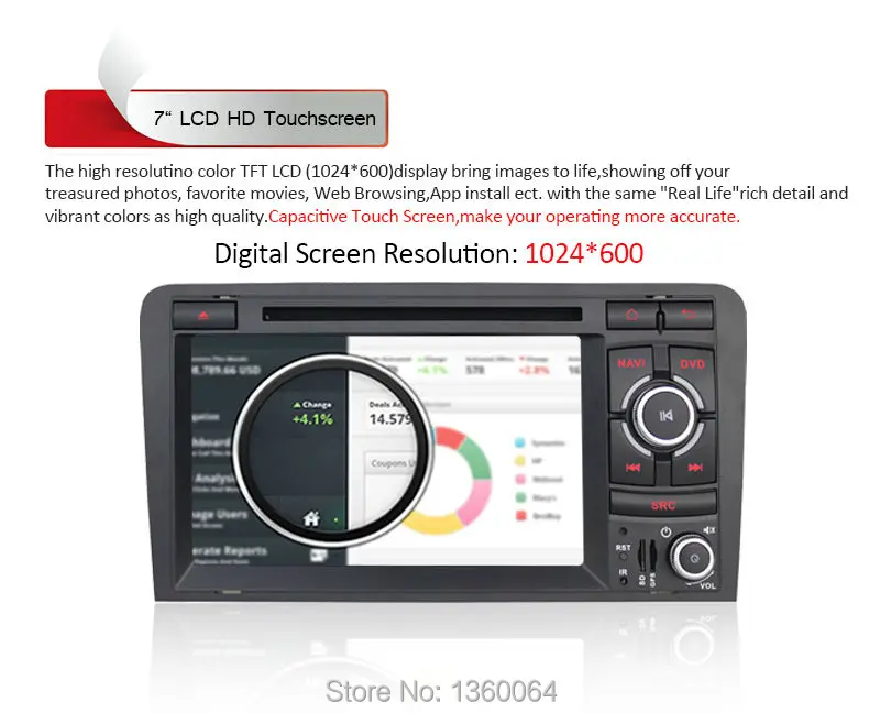 Perfect 7" Android 5.1.1 GPS Navigation 1024*600 Car Quad Core Double Din Radio Head Unit For Audi A3/S3 Radio System Auto DVD Player 6