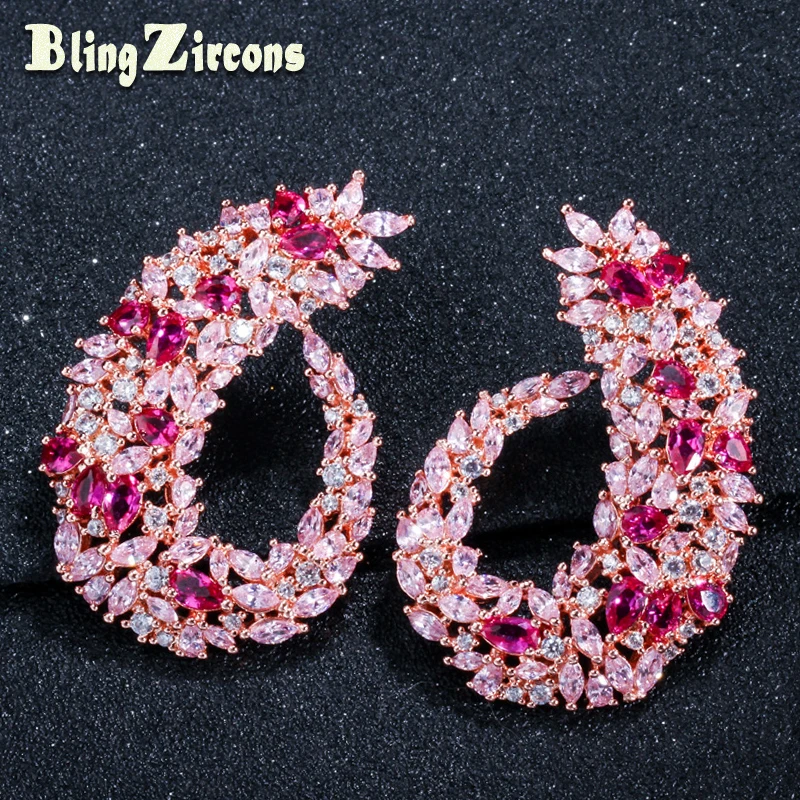 

BeaQueen Full Cubic Zirconia Multicolor Big Symmetry Stud Earrings Rose Gold Color Exquisite Wedding Jewelry for Women E235