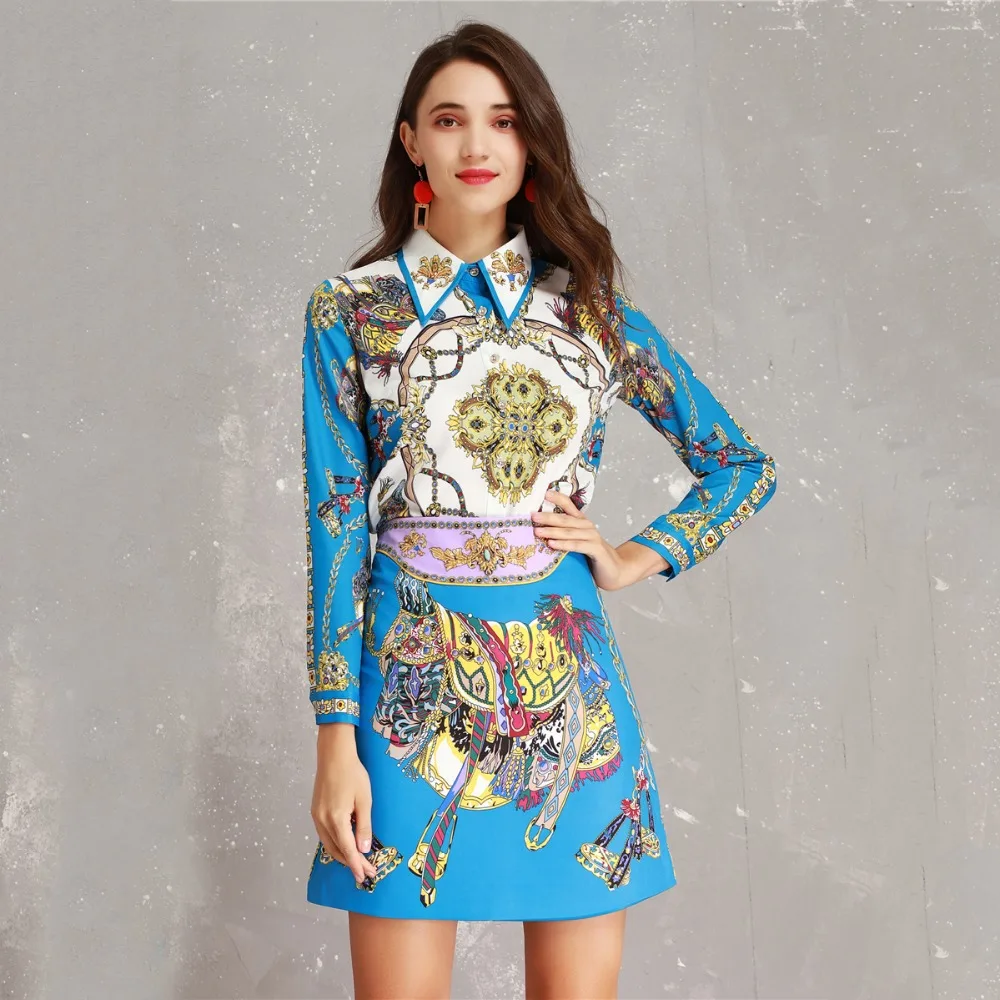 

Spring Summer 2019 Designer Set Women Luxury Abstract Print Beading Diamond Blouse + Pencil Skirt Suit Clothing