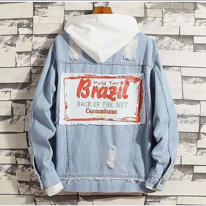 Spring New Hooded Denim Jacket Men Fashion Fake Two Pieces Of Streetwear Bomber Jacket and Coat Man Cowboy Clothes Male S-3XL
