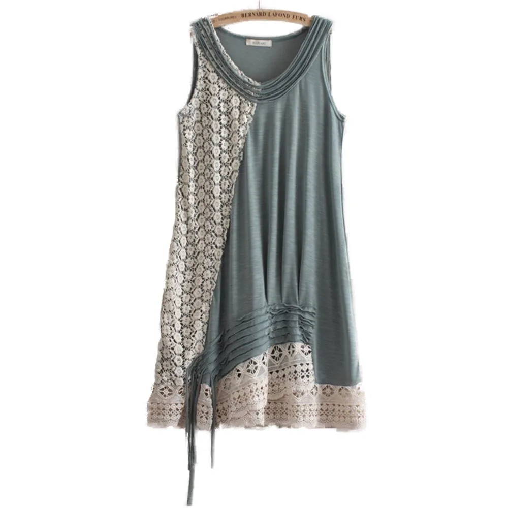 

2018 Round Neck Lace Splicing Cotton Dress Women Boho Beach Ruffled Dresses Sleeveless Tassel Sundress Female Clothing Y03552